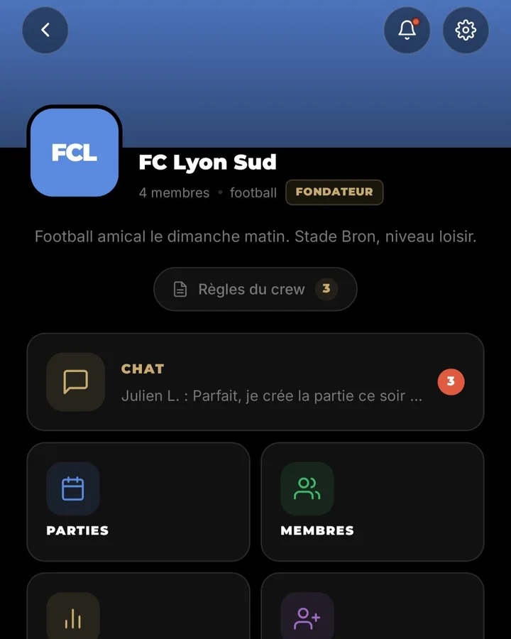 Accueil d’un crew dans One Crew : son nom, ses membres, son chat et l’accès à ses parties.