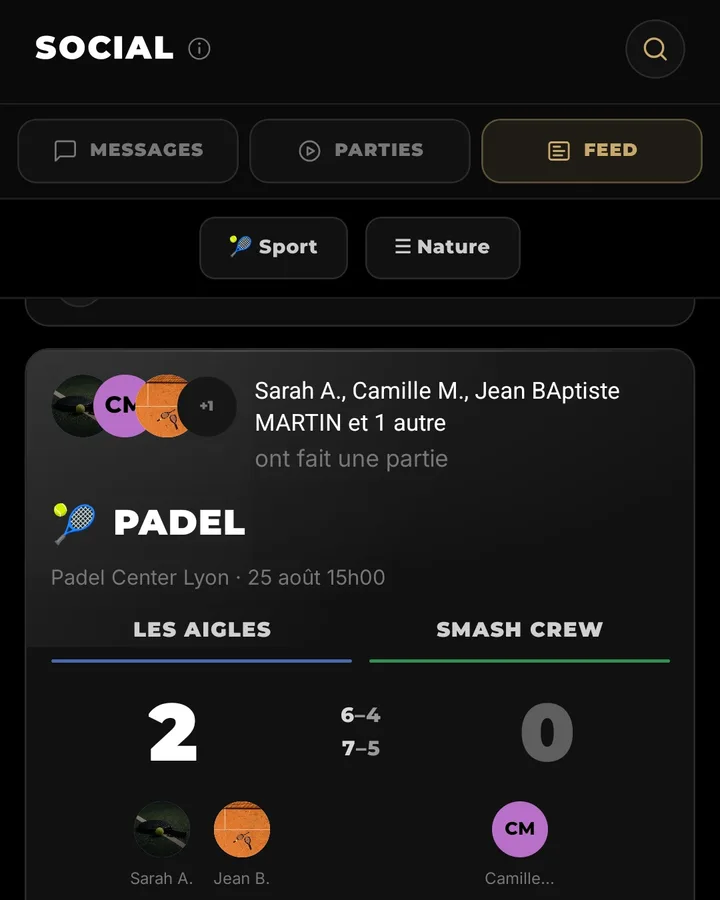 Fil d’activité de One Crew : une partie de padel terminée sur le score de 2 sets à 0, avec le nom des deux équipes, le détail des jeux et les joueurs de chaque camp.